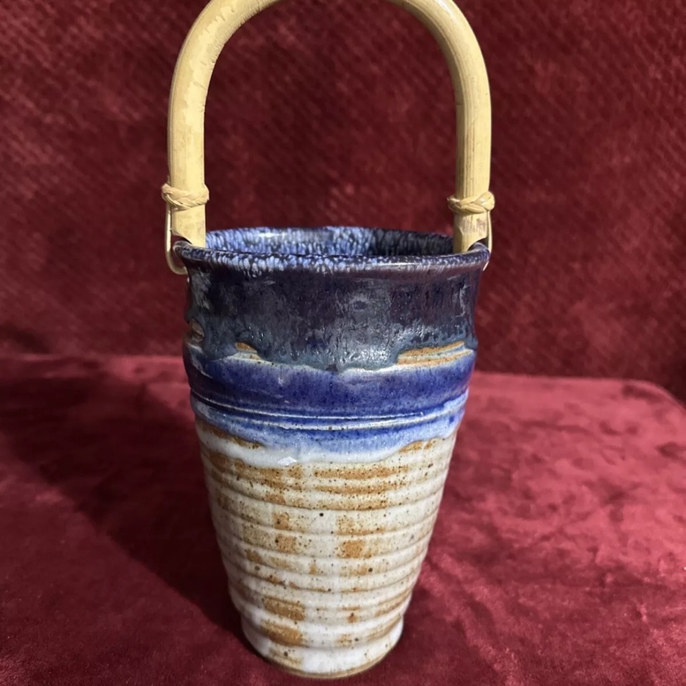 Artist Signed, Blue-Tan Pottery Vase with Handcrafted Bamboo Handle. 7x4.5"